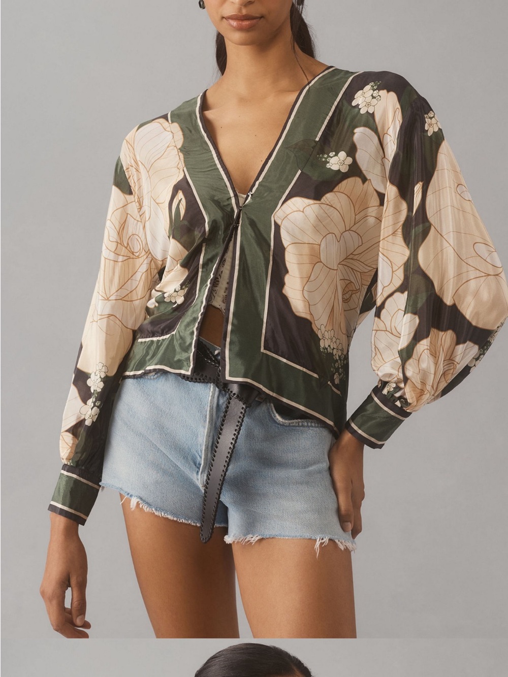 FARM Rio Green, Black and Cream Floral Silky Blouse